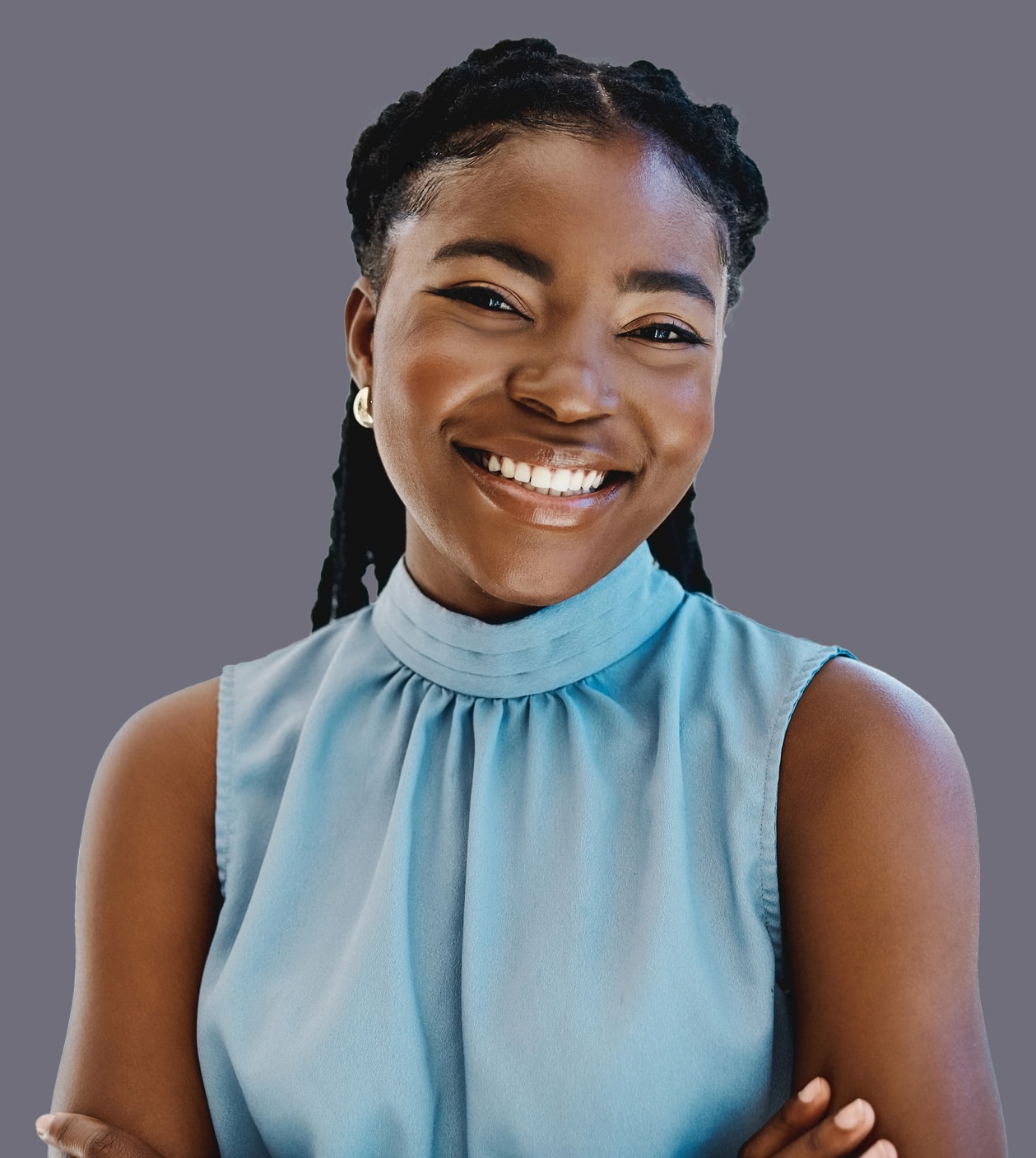 a woman wearing a blue shirt